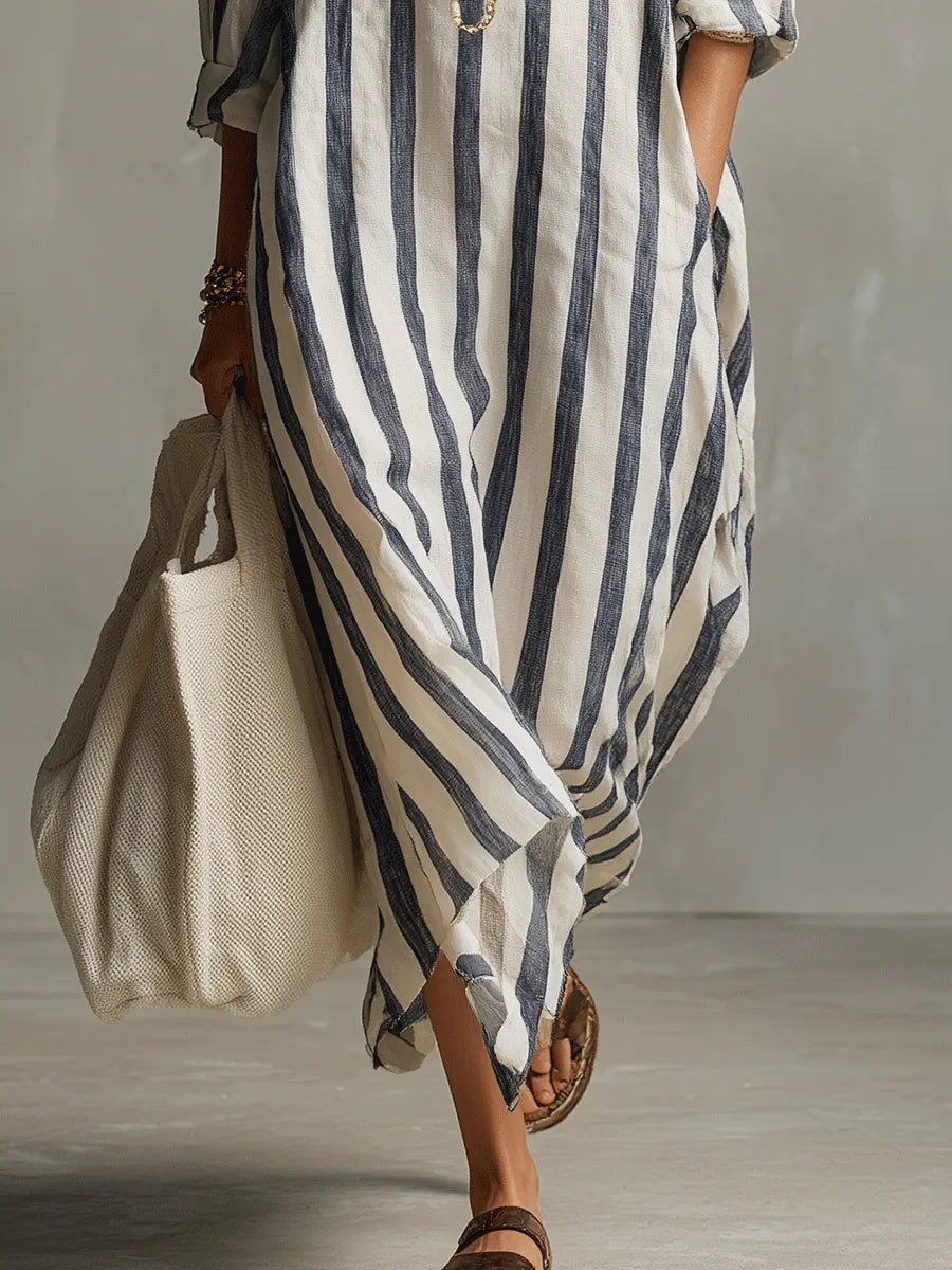Casual Striped Shirt Bohemian Style Maxi Dress