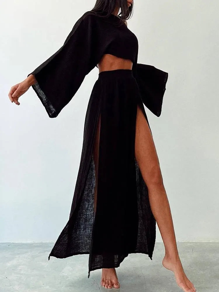 Loose Top and Slit Wide Leg Pants Set