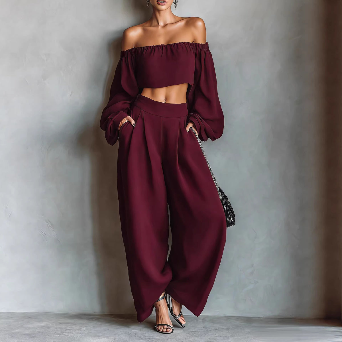 Momocco Elegant Off-Shoulder Puff Sleeve Two-Piece Set - Flowy Wide Leg Pants Resort Wear