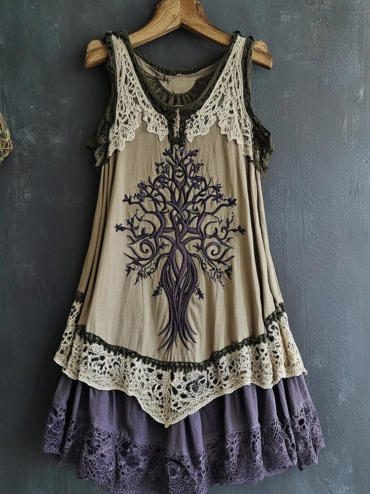 Women's Vintage Tribal Viking Tree Of Life Lace Panel Dress