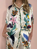 Buttoned Drawstring Elasticity Flower Print Pockets Half Sleeves Loose Lapel Two Pieces Set Pants Set