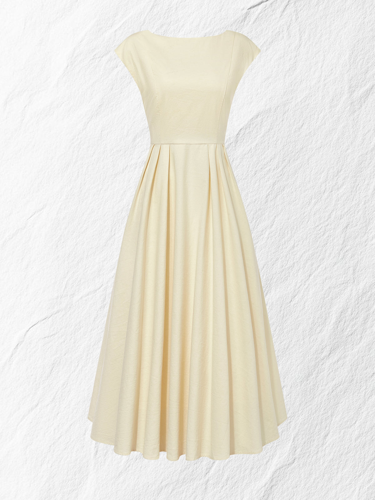 Linen Midi Dress, Cap Sleeve, Boat Neck, Plain, Vintage, Off White