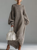 Elegant Urban Silhouette Round Neck Heathered Khaki Knitted Maxi Dress