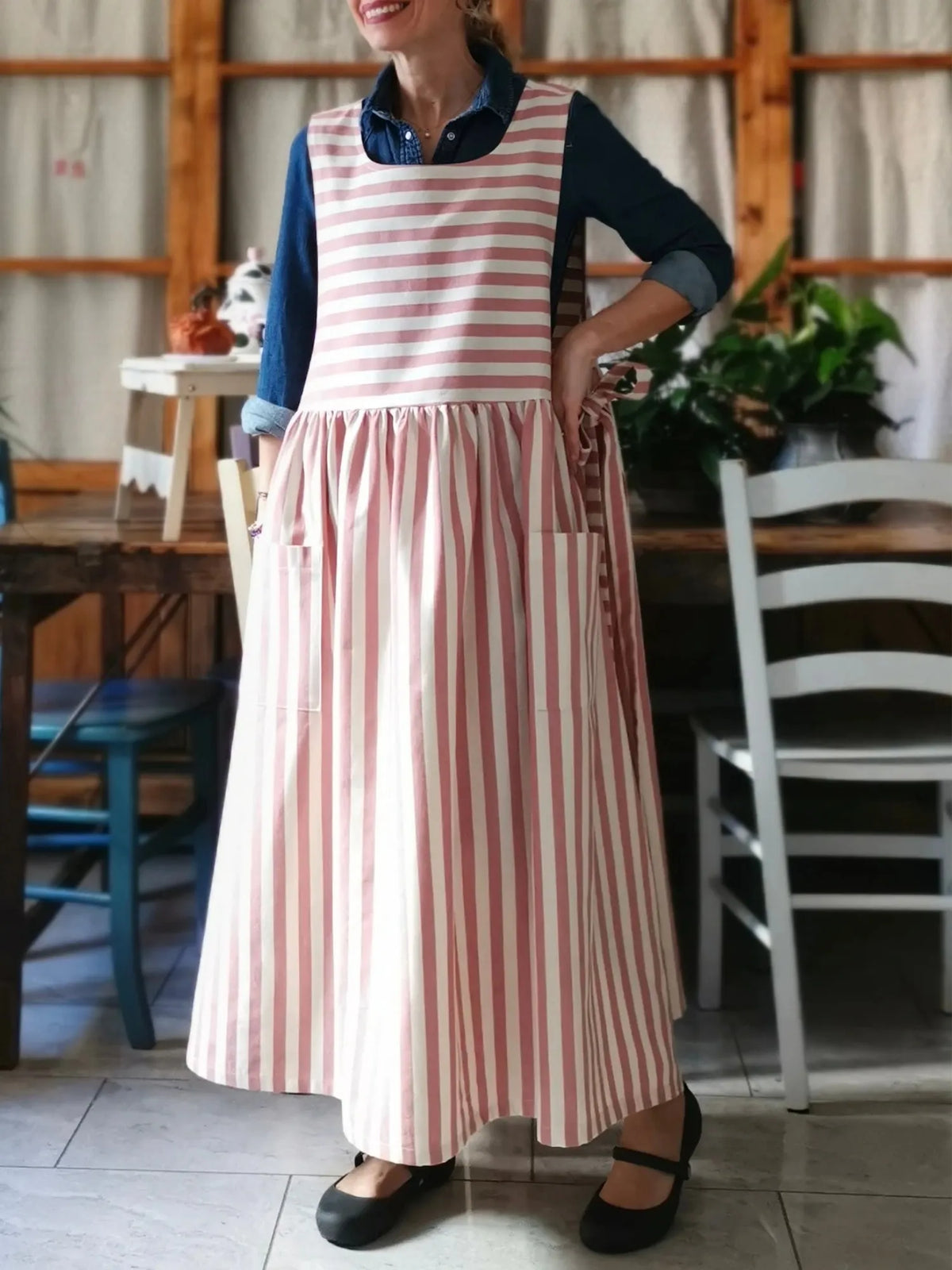 Antique Pink Striped Cotton Apron