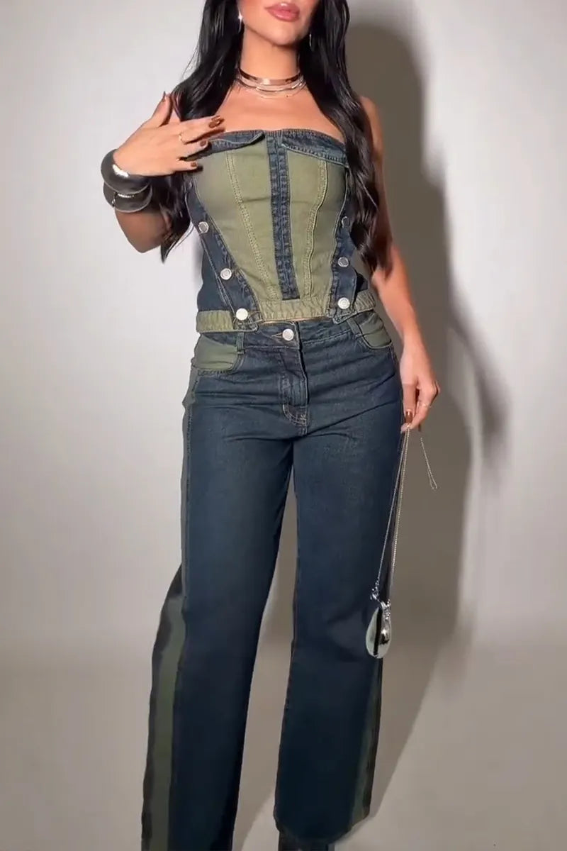 Women's Casual Color Block Denim Bustier or Wide Leg Jeans