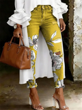 Women's Fashion Casual Multicolor Flowers Art Print Ripped Skinny Jeans