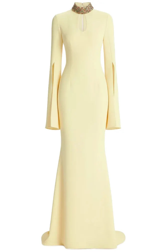 Long Sleeve Embellished Neck Maxi Dress Yellow