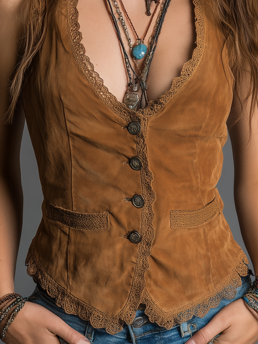 Vintage Lace Trim Distressed Vest