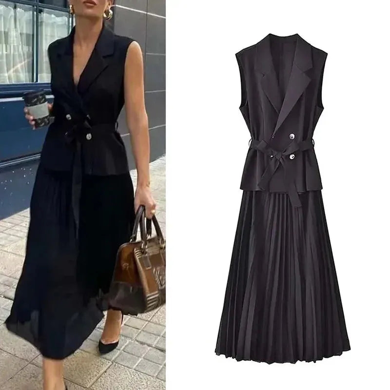 Nerina Double-Breasted 2 Piece Pleated Midi Dress – Sleeveless Blazer Top & Skirt Set in Black, Cream or Beige