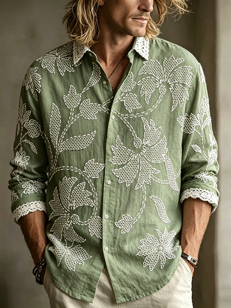 Men's Retro Plant Flower Embroidery Pattern Design Casual Linen Shirt