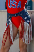 Women's USA Flag Denim Shorts with Red White Blue Fringe Detail
