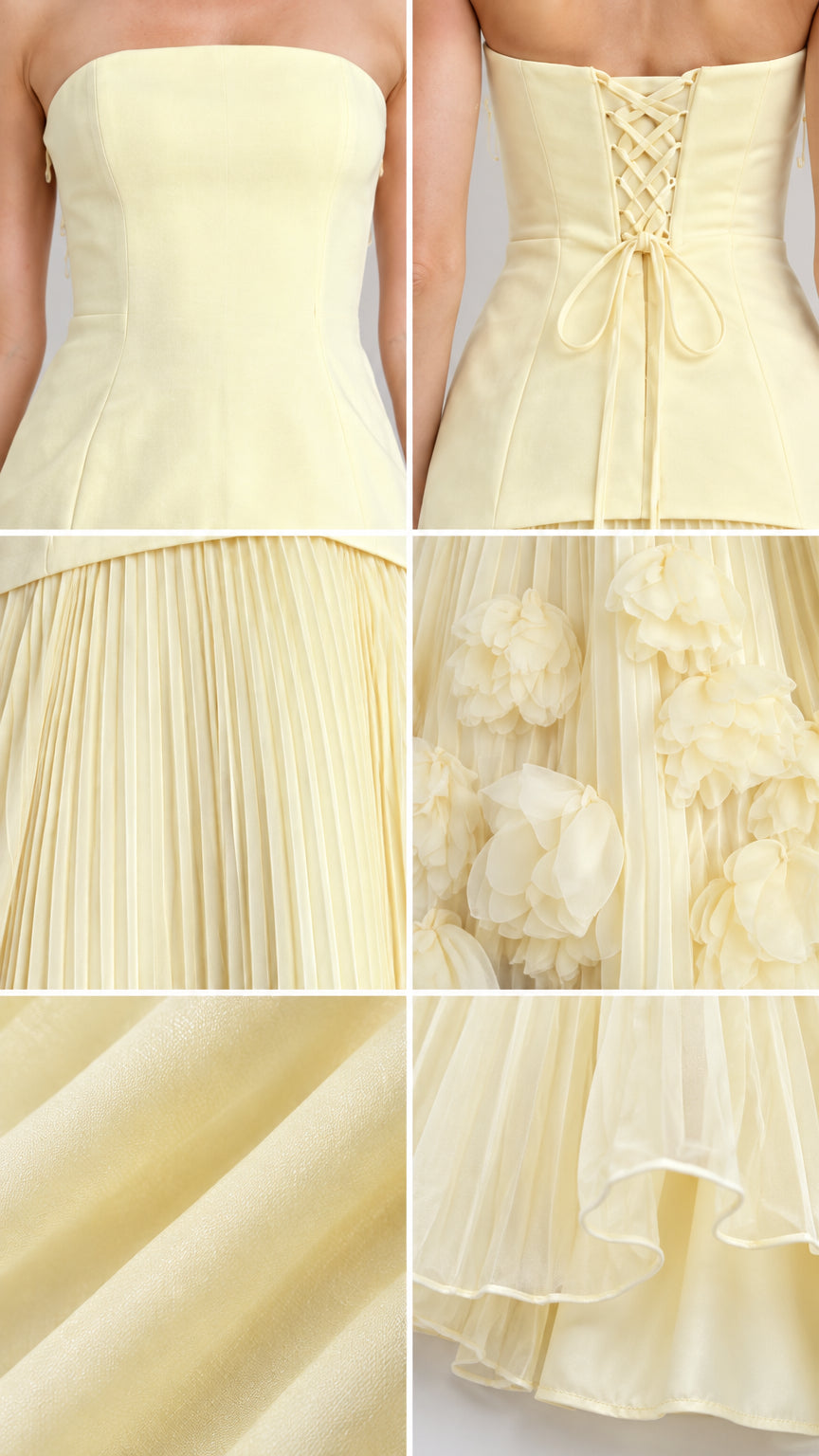 Strapless Corset Pleated Maxi Evening Gown with 3D Floral Hem