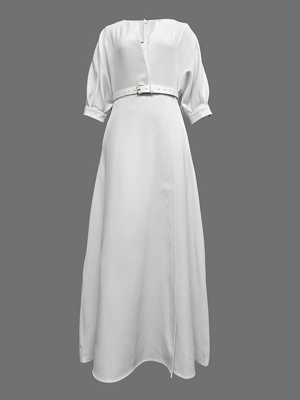 Half Sleeves Loose Belted Solid Color Deep V-Neck Maxi Dresses