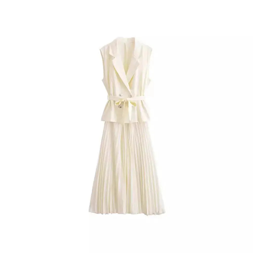 Nerina Double-Breasted 2 Piece Pleated Midi Dress – Sleeveless Blazer Top & Skirt Set in Black, Cream or Beige