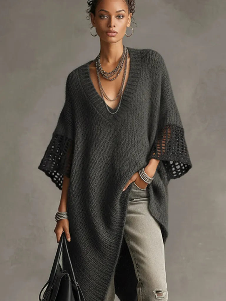 24-Hour-Shipping Gray Asymmetric Hem Loose Knit Dress With Crochet Mid Sleeves