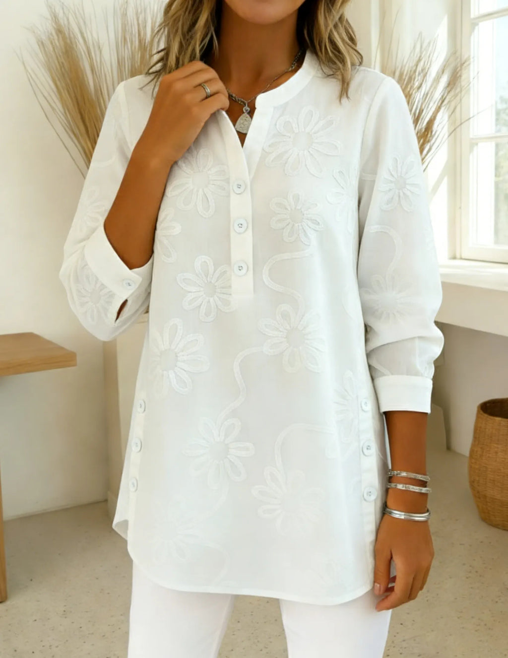 Romantic Floral Embroidered Henley Collar Split Hem Shirt