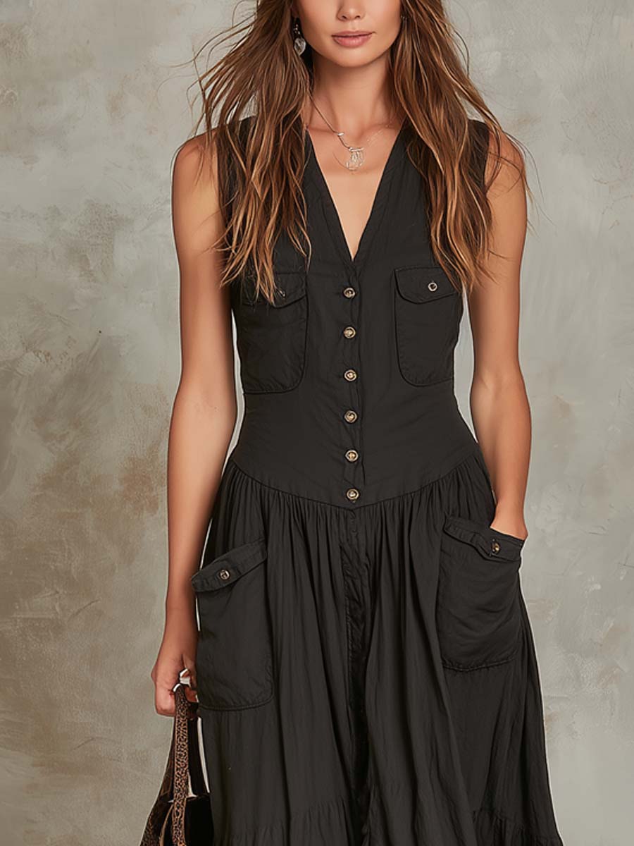 Retro Flap Pocket Cotton Maxi Dress