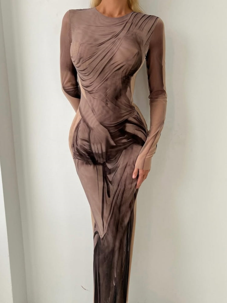 Painted-Effect Mesh Maxi Dress