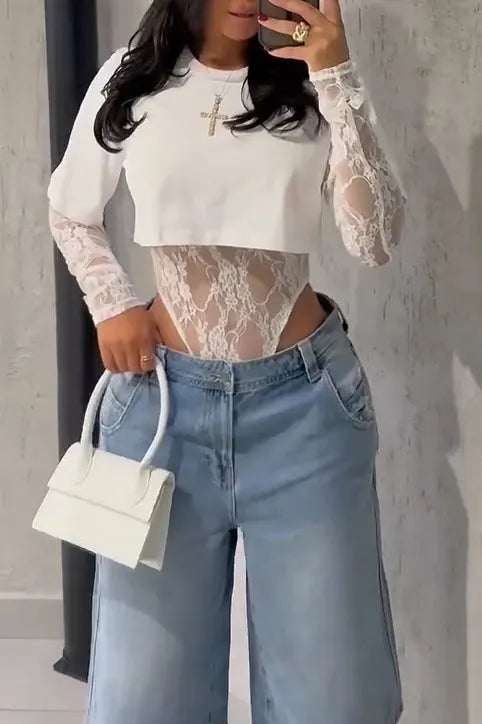 Women's Elegant Two-Piece Lace Mesh Bodysuit
