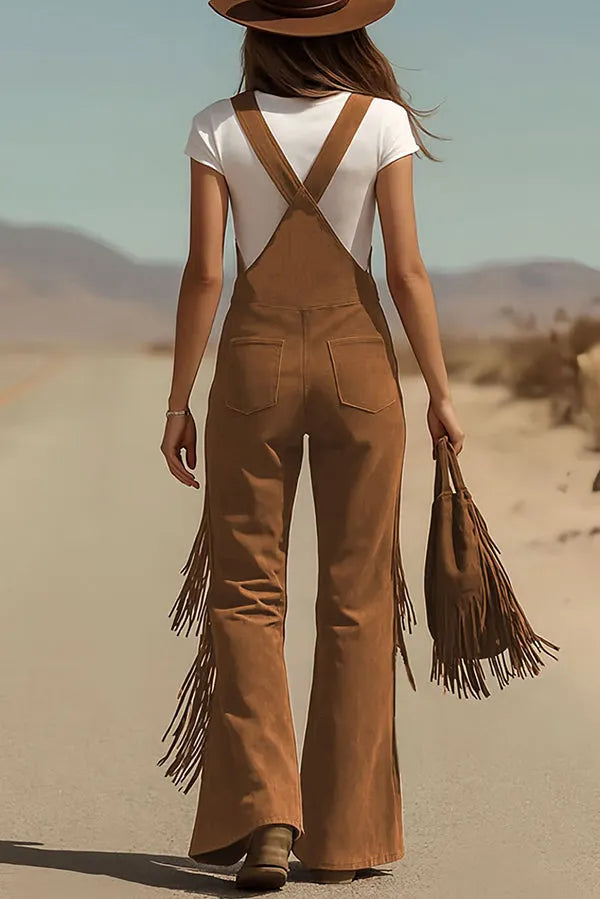 Stylish Suede Tassel Button Pocket Casual Wide-leg Overalls