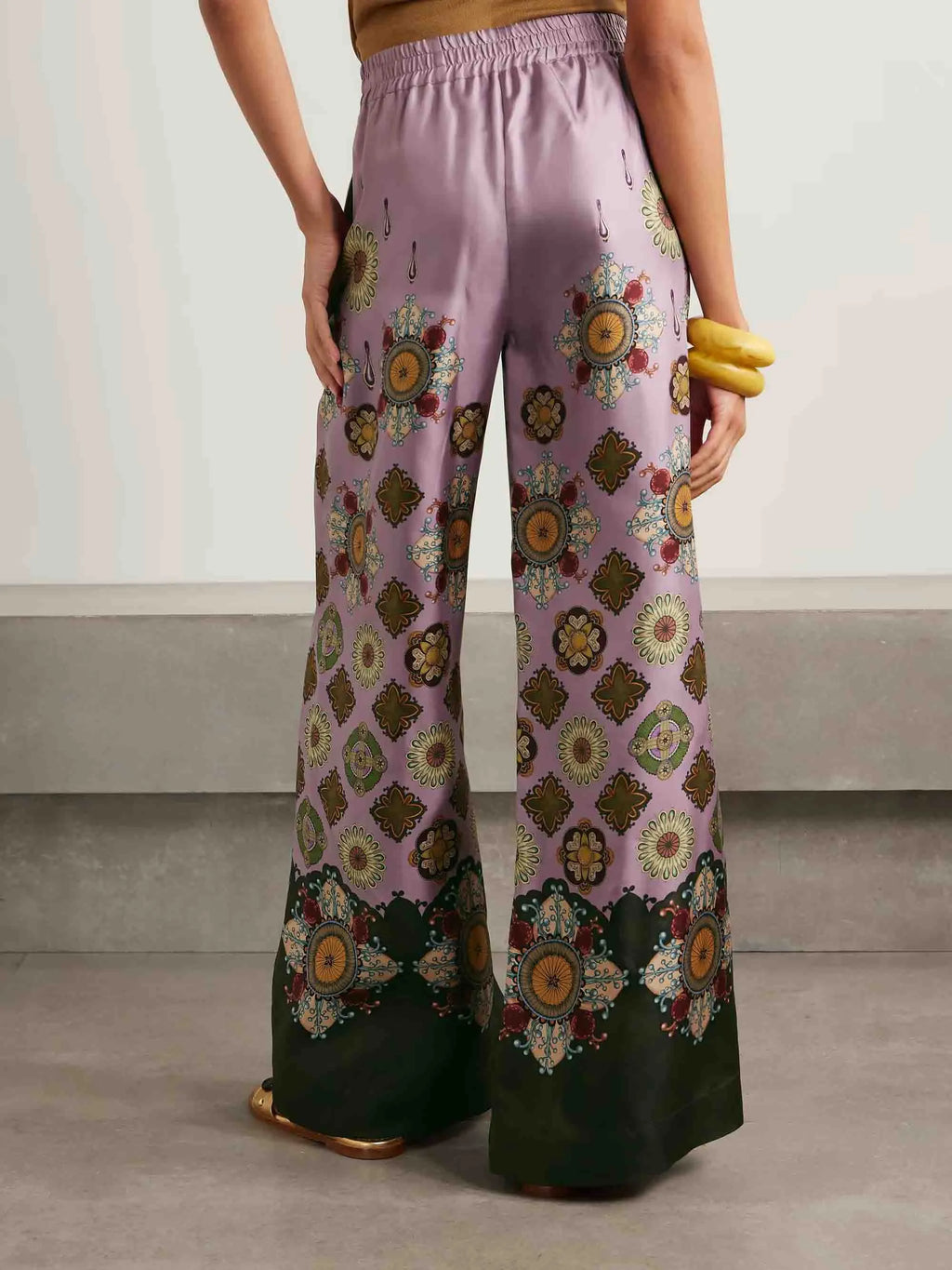 Retro Fine Satin Floral Print Wide-Leg Pants