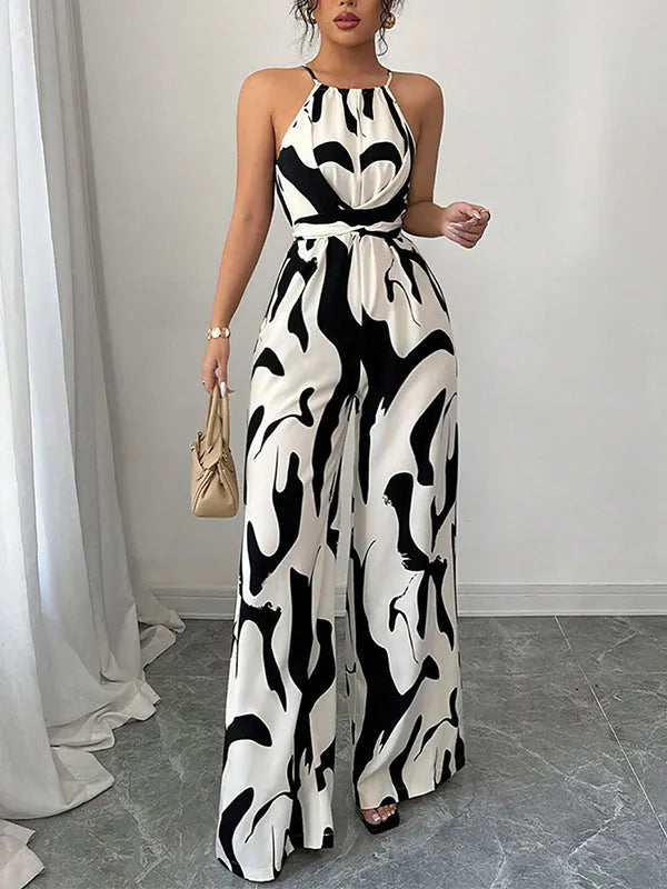 Loose Sleeveless Contrast Color Pleated Spaghetti-Neck Jumpsuits