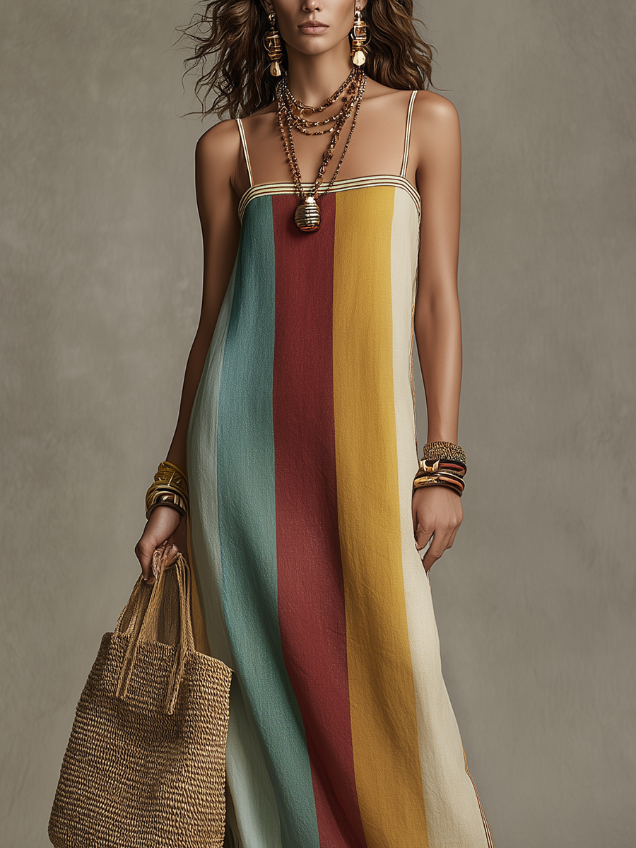 Bohemian Style Striped Color Block Spaghetti Strap Long Dress