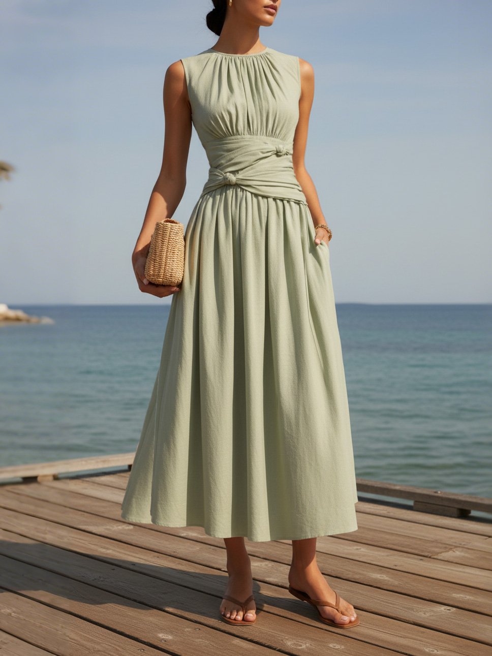 Maxi Linen Dress, Sleeveless, Round Neck, Plain, French Vintage, Green