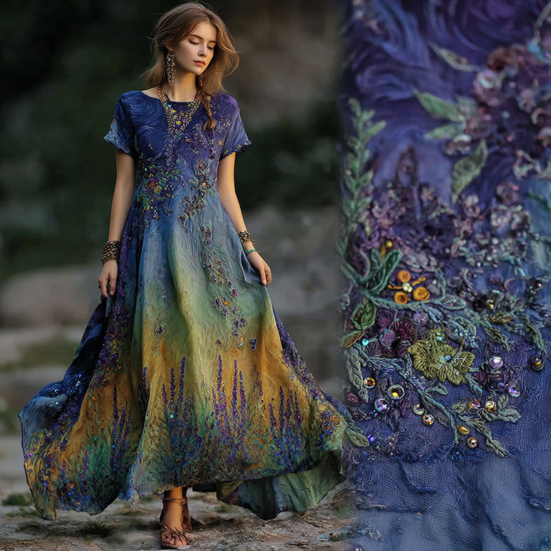 Women's Vintage Lavender Embroidered Sequin Gradient Flowing Linen Maxi Dress