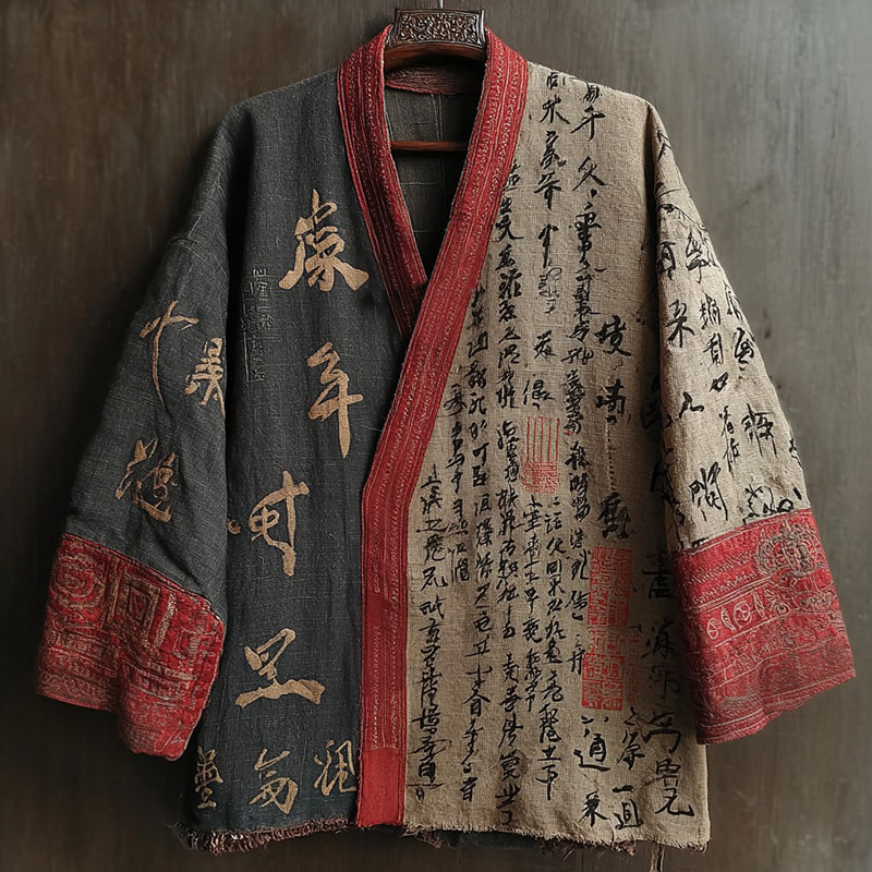 Retro Calligraphy Art Pattern Casual Kimono Cardigan