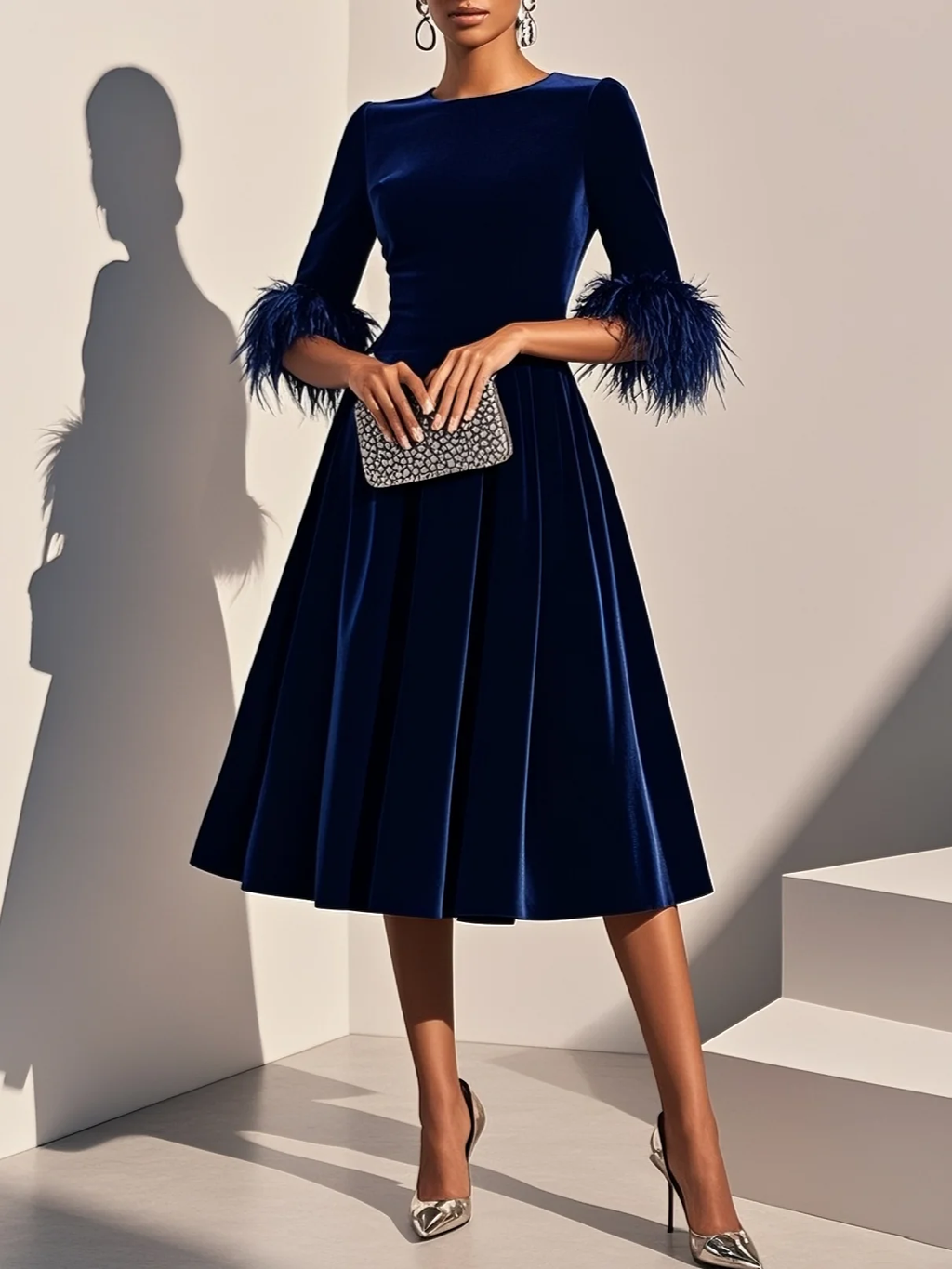 Dark Blue Feather-trimmed Velvet Round Neck Short-sleeved A-line Midi Dress
