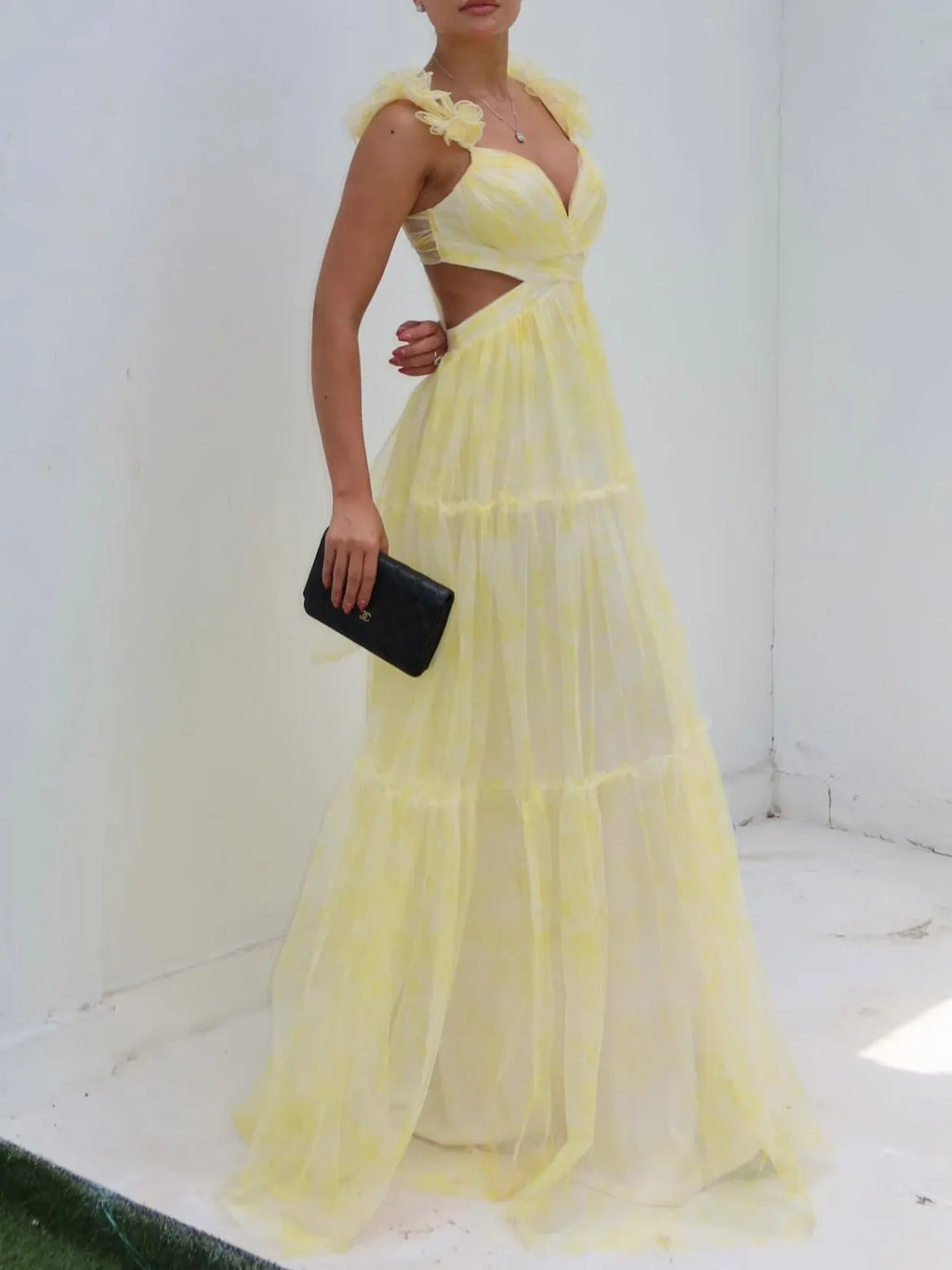 Elegant Floral Print Ruffle Strap Chiffon Maxi Dress