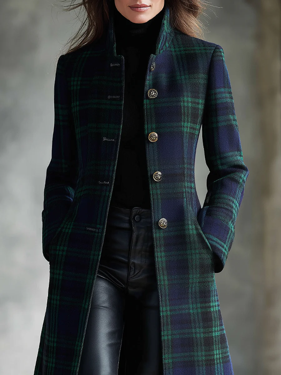 Retro Blue-green Color-blocked Plaid Midi Coat