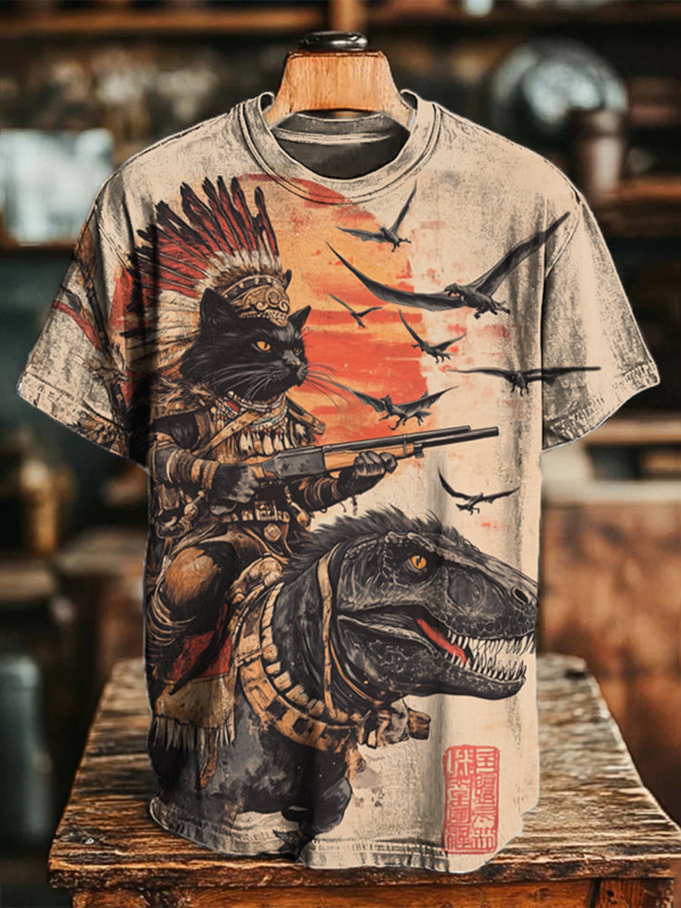 Men's Tribe Cat Dinosaur Japanese Art Print T-shirt