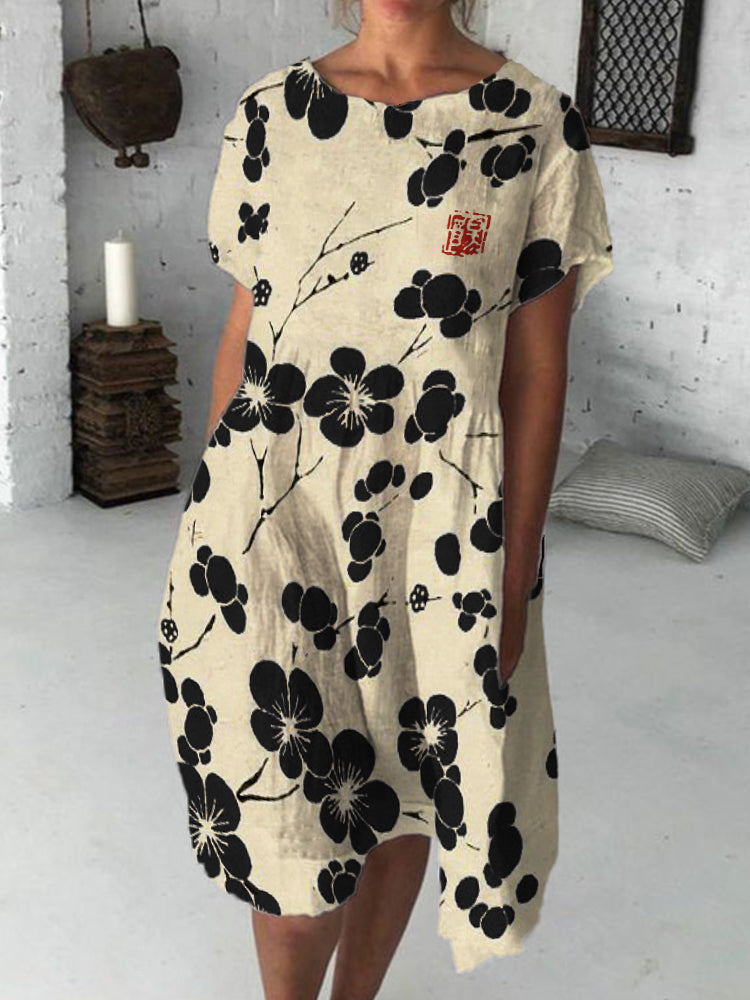 Cherry Blossom Japanese Lino Flowy Midi Dress