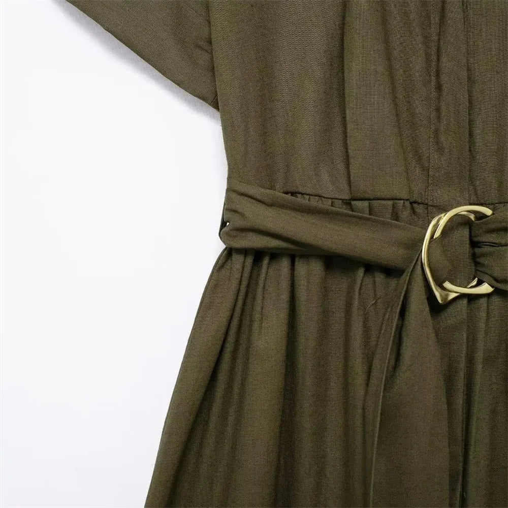 Lunira Belted Shirt Midi Dress – Short Sleeve Summer Shirt Dress in Khaki Green and Soft Beige