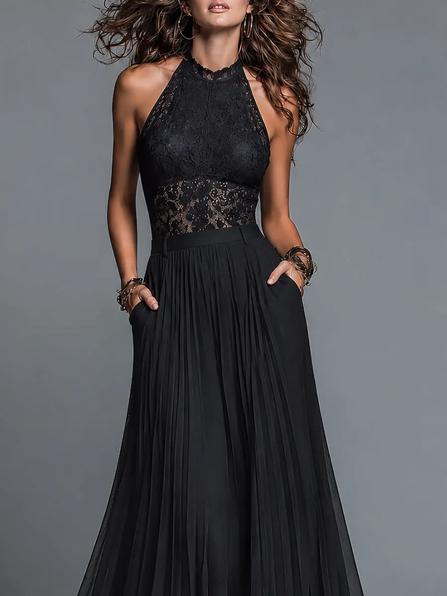 Retro Stand-Collar Cutout Lace Top & Chiffon Pleated Skirt Set