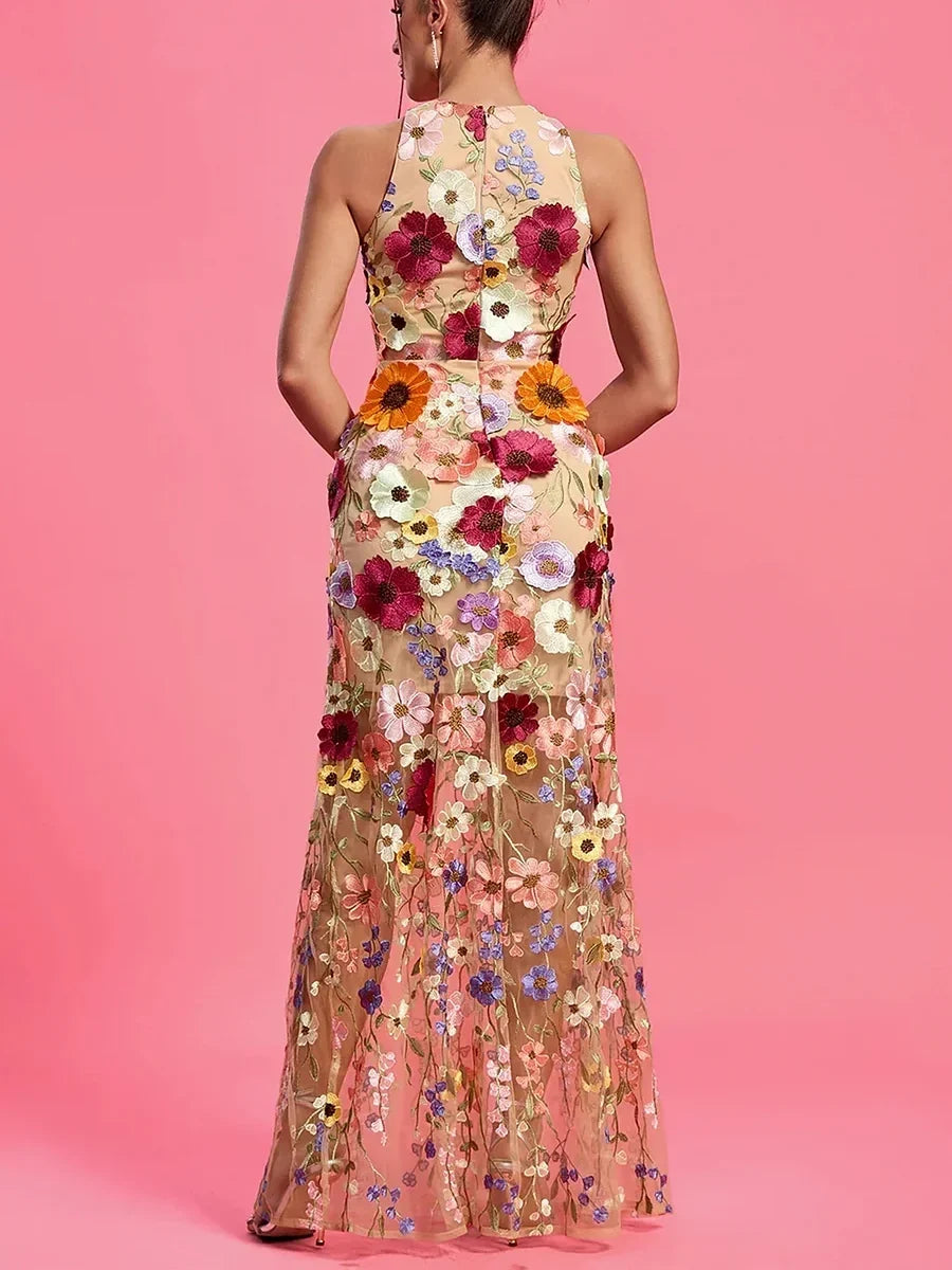 Sleeveless Round Neck Floral Embroidery Maxi Dress