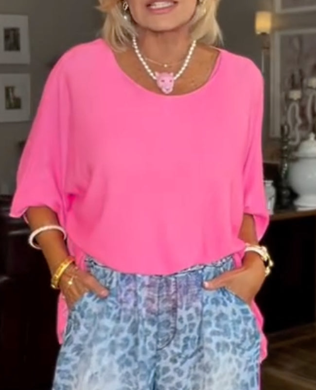 Fluorescent Pink Batwing Sleeve Top + Gradient Blue Leopard Print Wide-Leg Pants Set