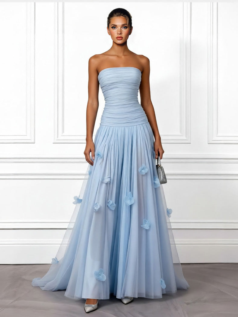 Elegant Strapless Ruched Tulle Evening Maxi Dress