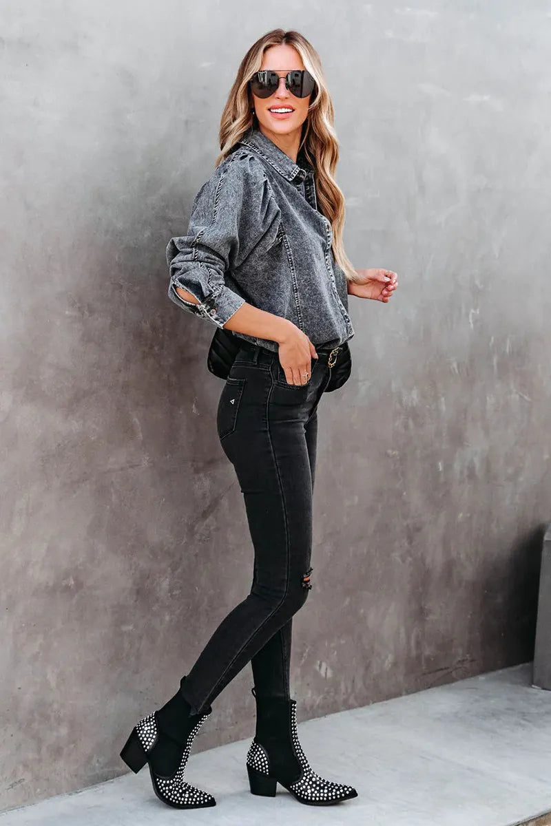 Casual Versatile Gigot Sleeve Washed Denim Shirt