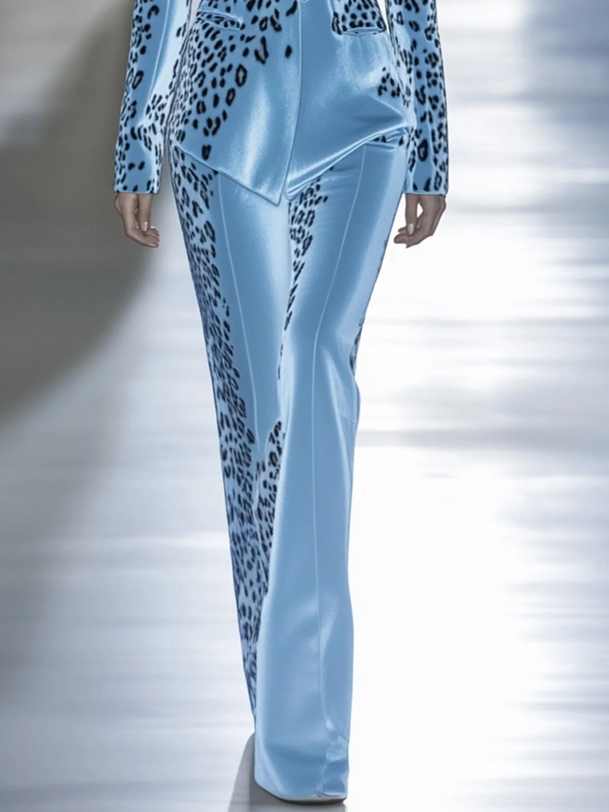 24-Hour-Shipping Sky Blue Velvet Leopard Print Blazer And Pants Suit