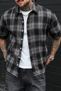 Men's Black Grey Plaid Lapel Short Sleeve Flannel Button Shirt