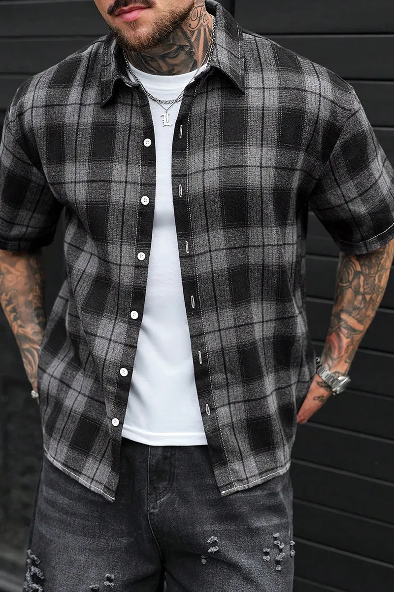 Men's Black Grey Plaid Lapel Short Sleeve Flannel Button Shirt