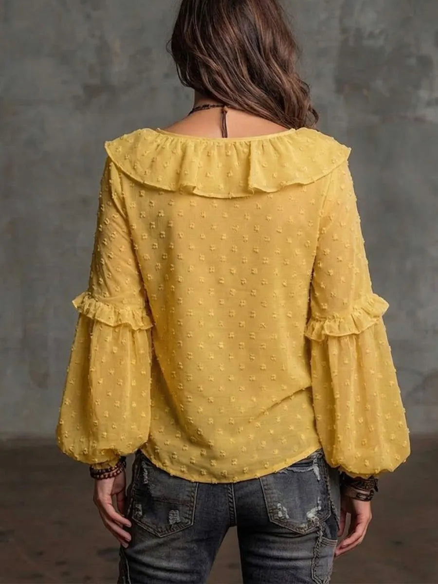 Chic And Elegant Chiffon Blouse Featuring A Jacquard And Fil CoupÃ© Polka-dot Pattern With Ruffle Details.