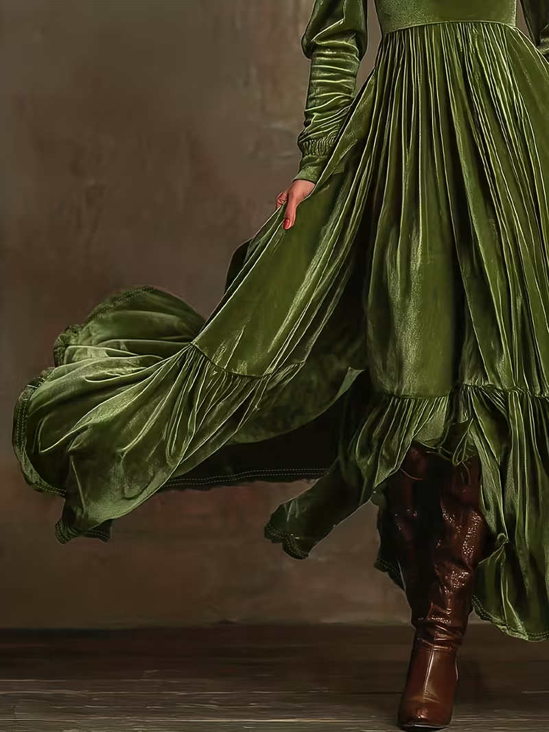 Retro Velvet V-neck Fitted Waist Maxi Dress
