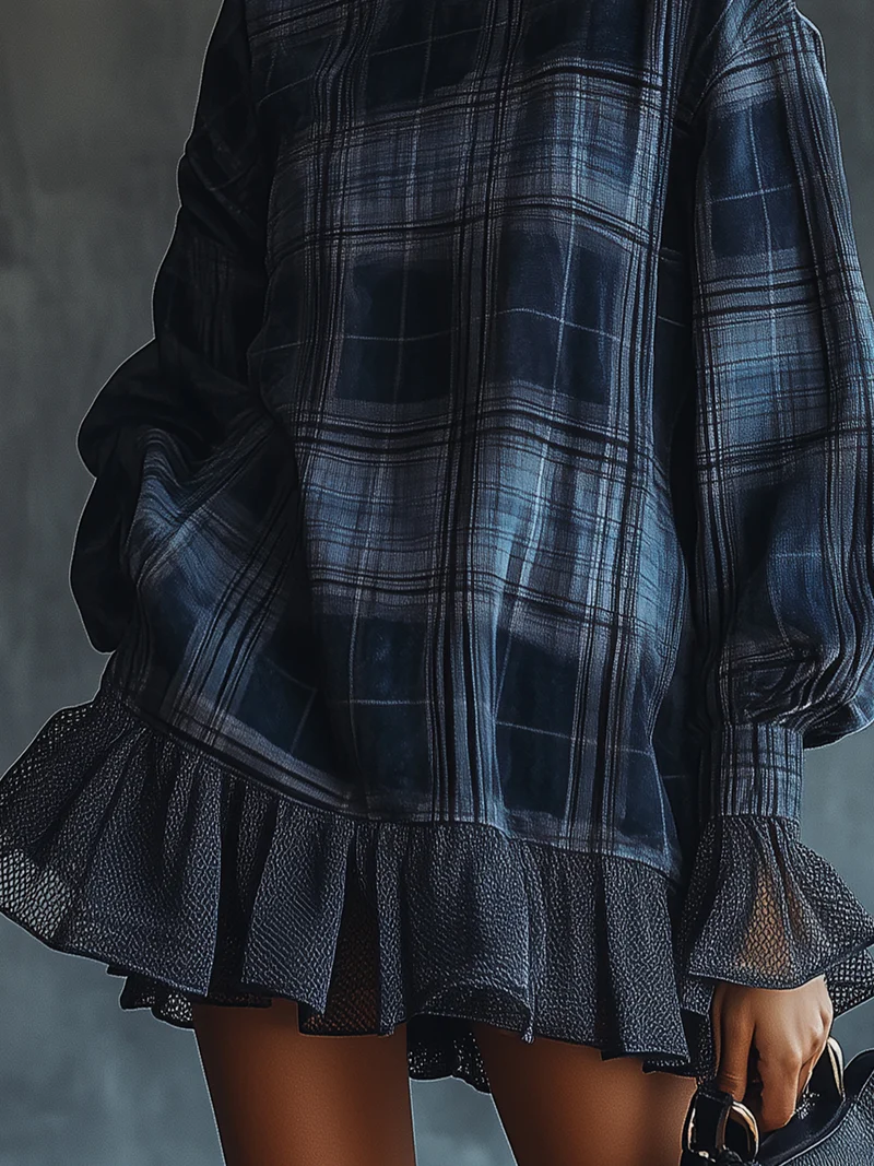 Blue Plaid Turtleneck Mesh Ruffle Mini Dress