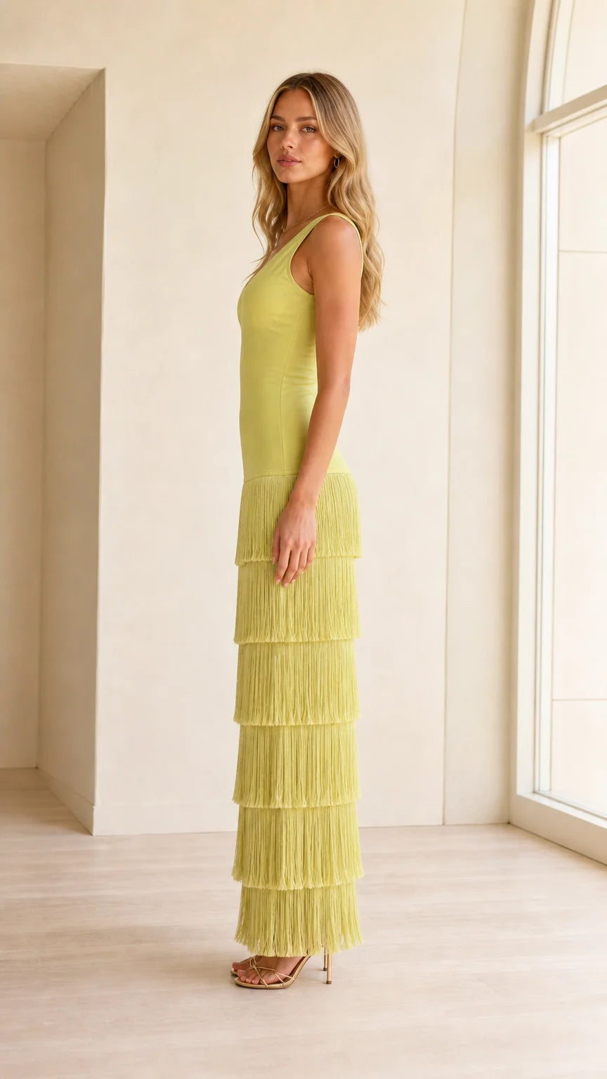 Tiered Fringe Scoop Neck Sleeveless Maxi Dress