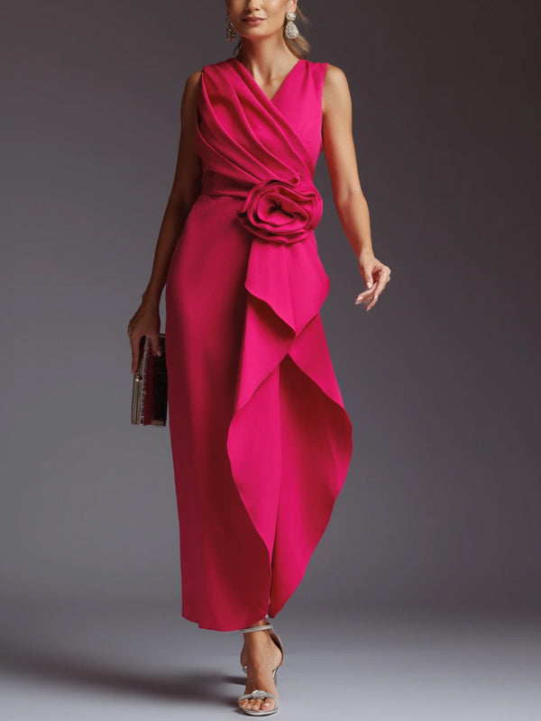 V-neck Sleeveless Solid Color Midi Dress