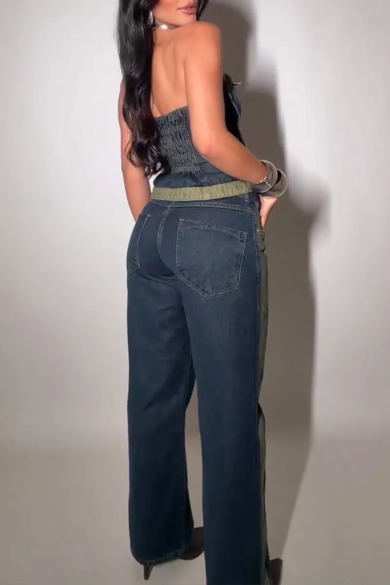 Women's Casual Color Block Denim Bustier or Wide Leg Jeans